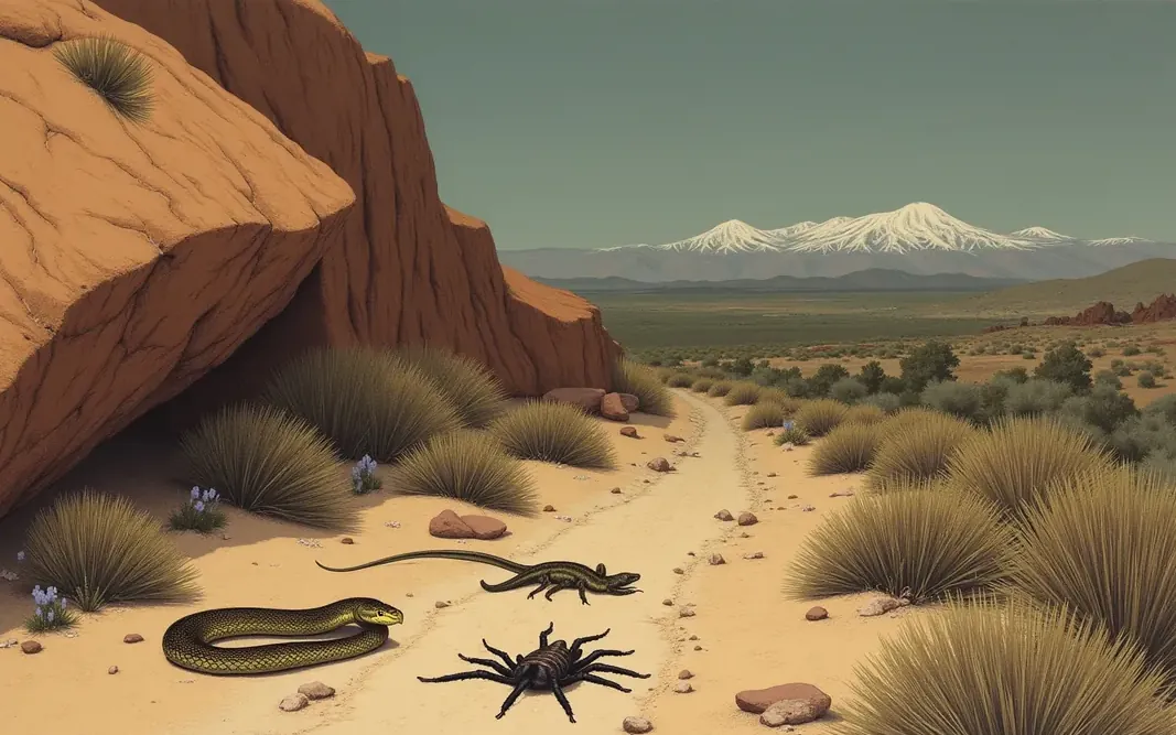 Illustration of a desert trail with a snake, a lizard and a spider
